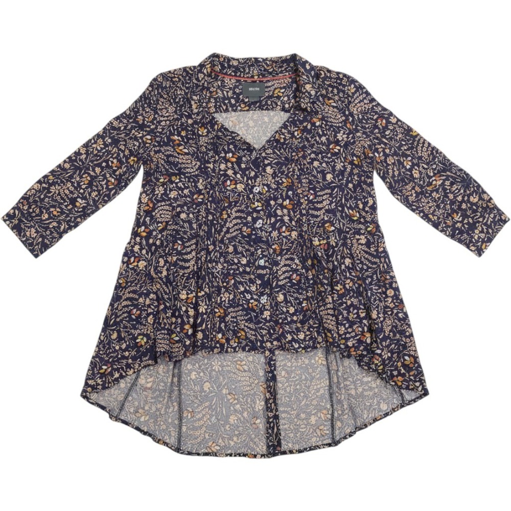 Maeve Anthropologie Floral High Low Button Down Tunic Navy Blue XS Petite